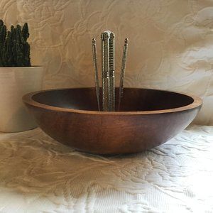 MCM Vintage Wood Nut Bowl with Tools Baribocraft
